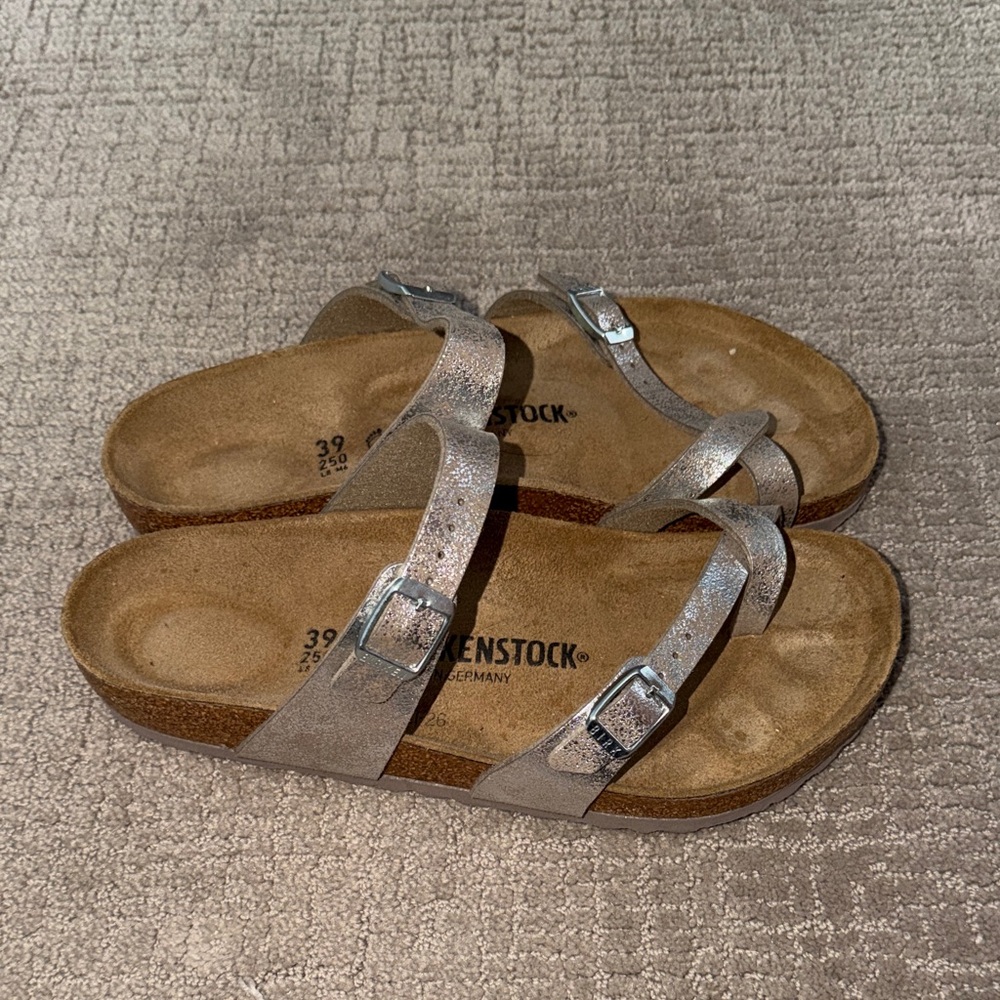 Birkenstock Metallic Silver Two-Strap Crisscross Sandals - Picture 4 of 5